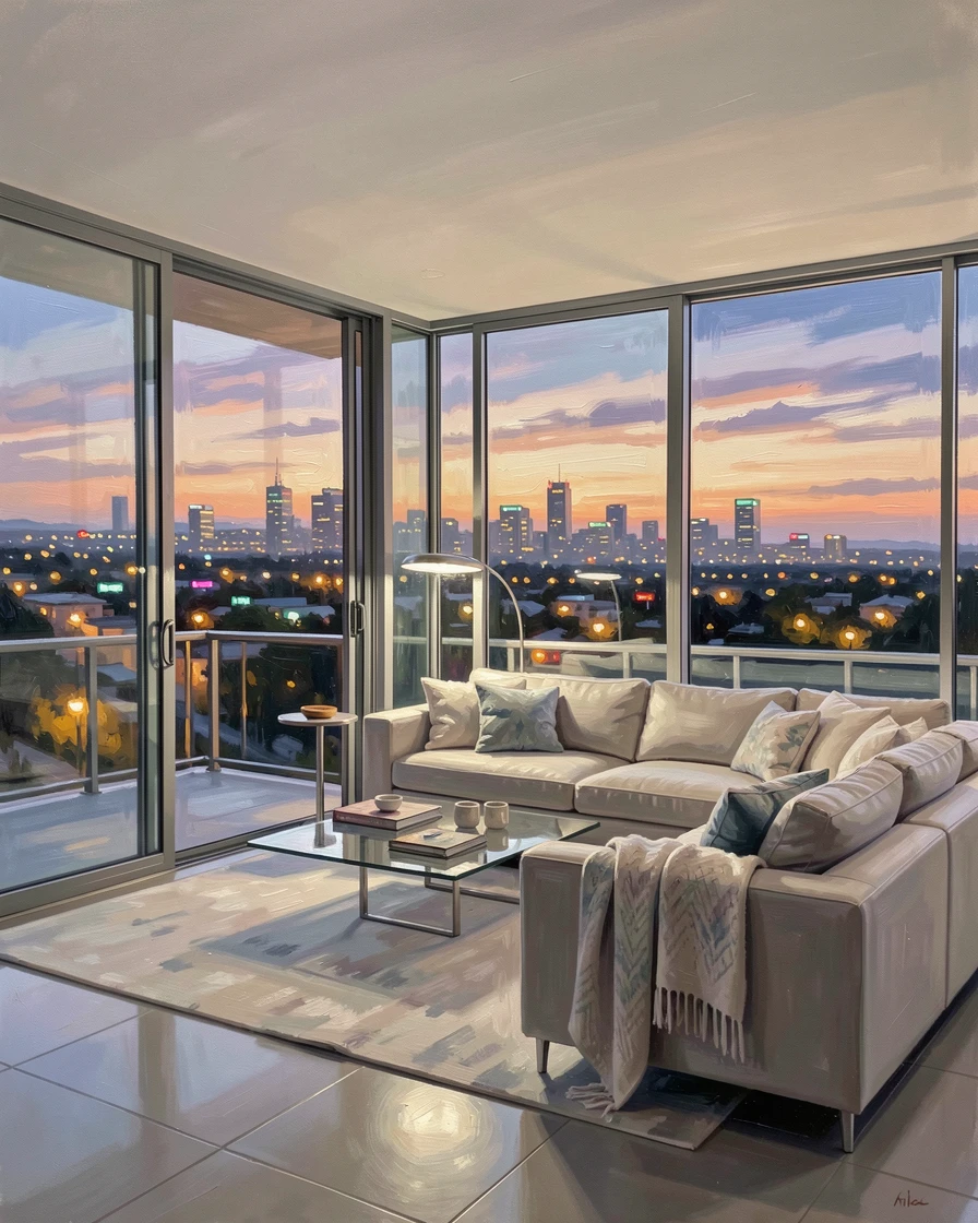 A modern Los Angeles hillside home shows a sleek open-plan living space with retractable glass walls revealing a panoramic city view at dusk, the atmosphere feeling both timeless and quietly alive with the rhythms of daily life.