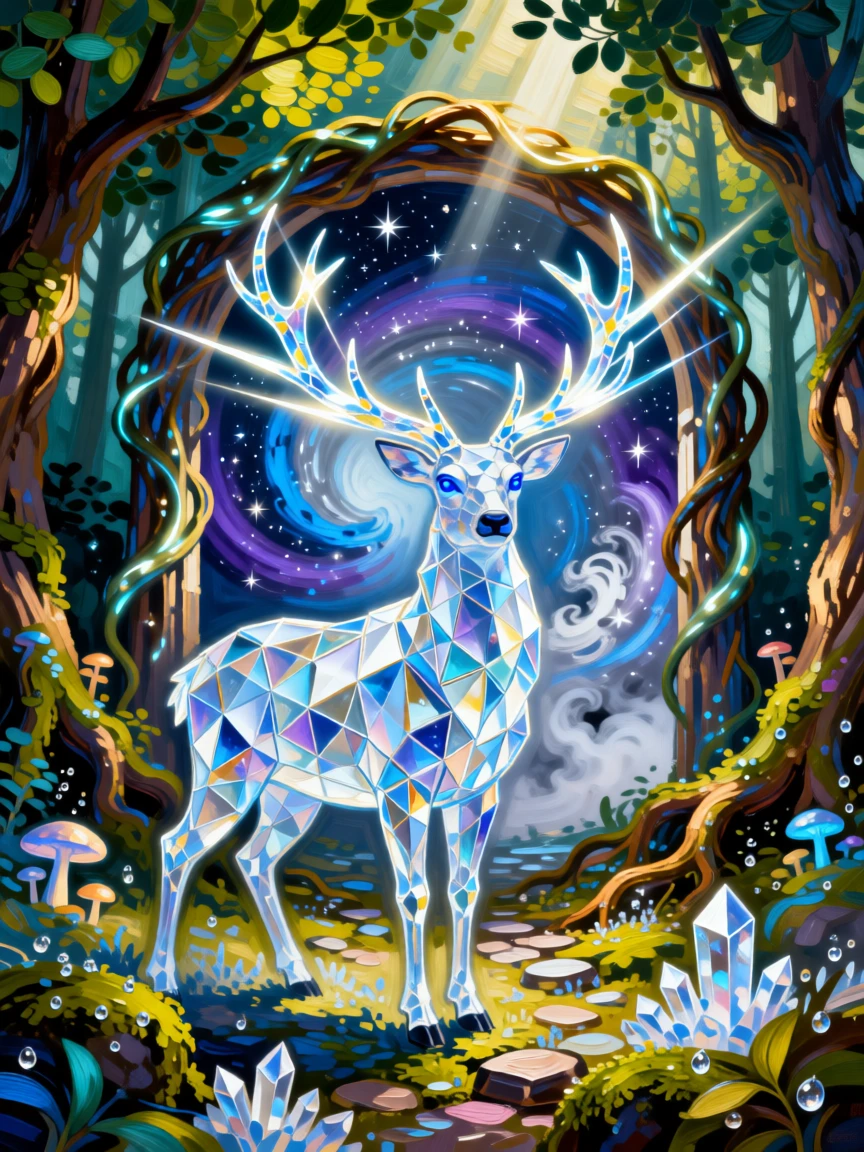 a crystal stag with antlers of pure light guarding the entrance to a hidden realm between worlds