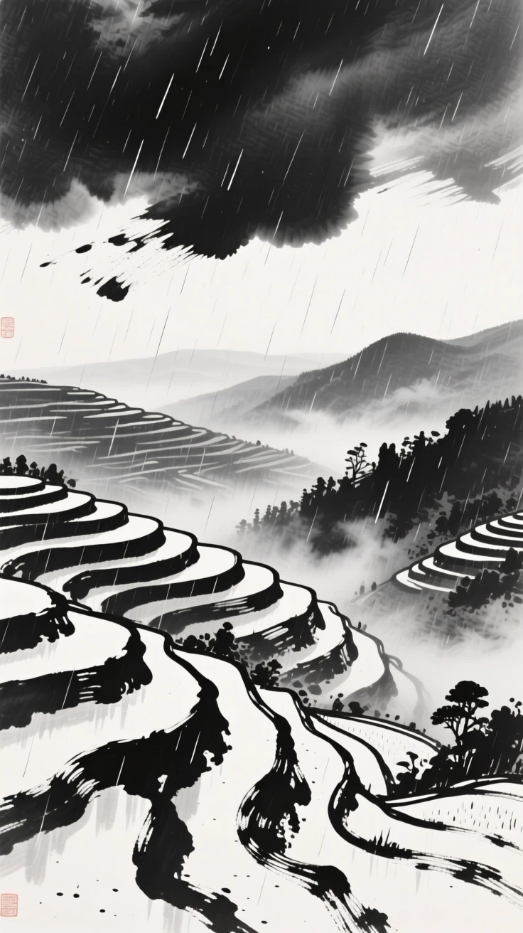 A summer rain shower sweeps across a valley of terraced fields, beneath a sky heavy with the promise of rain.