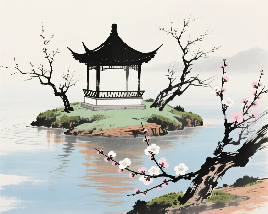A lone pavilion on a small island in the middle of a lake, as the last plum blossoms cling to bare branches.