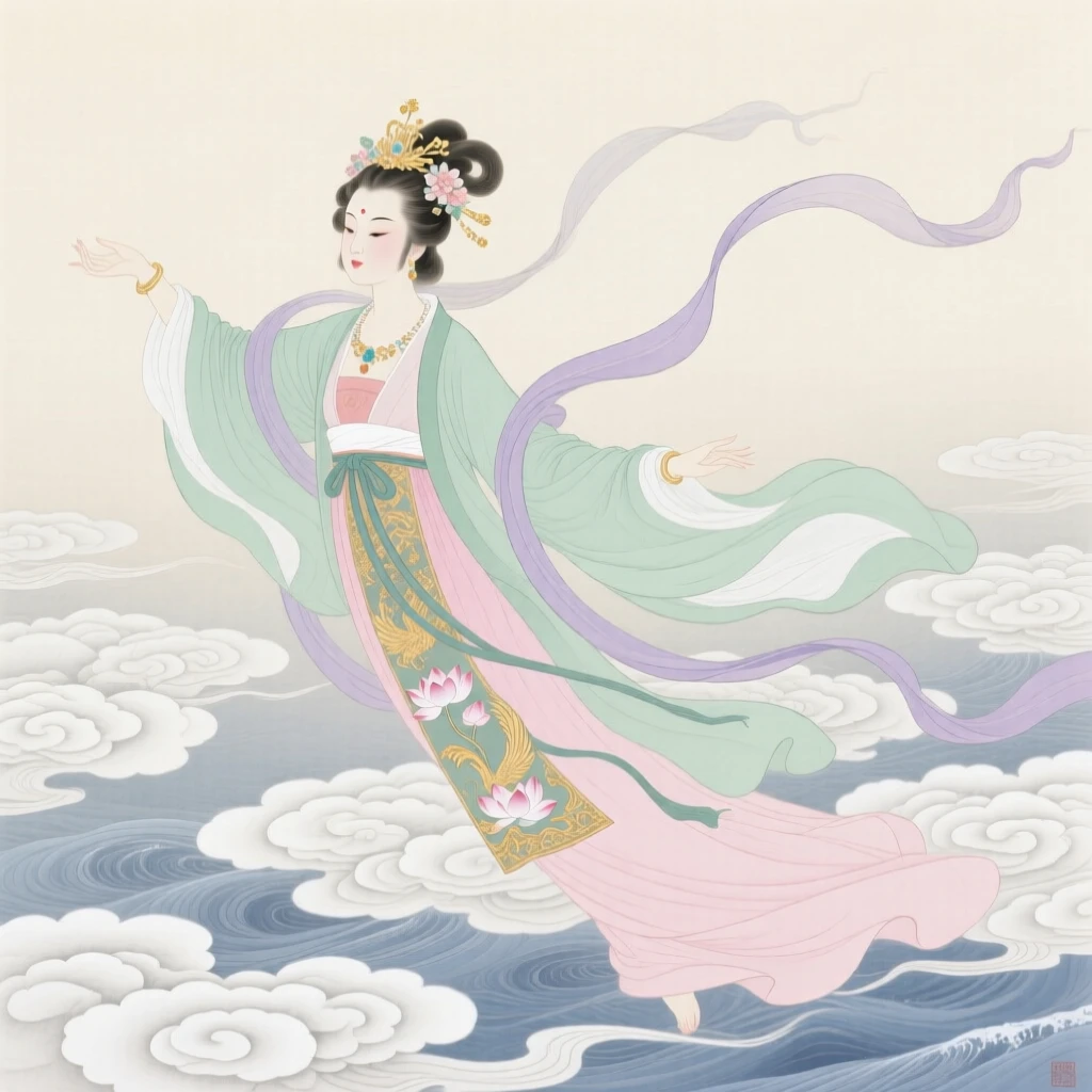 A celestial maiden trailing ribbons of silk above a sea of swirling clouds
