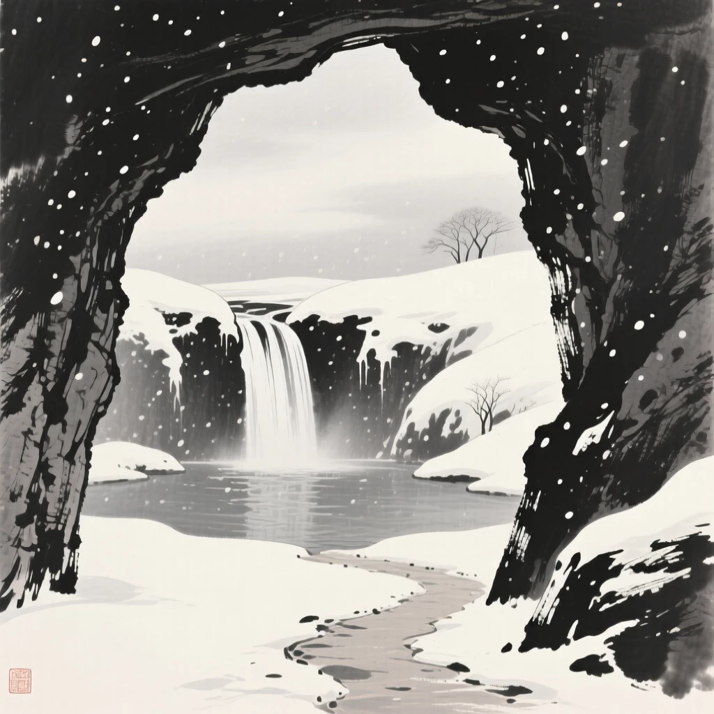 A cave mouth opening onto a hidden waterfall pool under a pale winter sky heavy with unfallen snow, captured from a narrow path winding into the depth of the scene, suggesting the quiet vastness of the natural world.