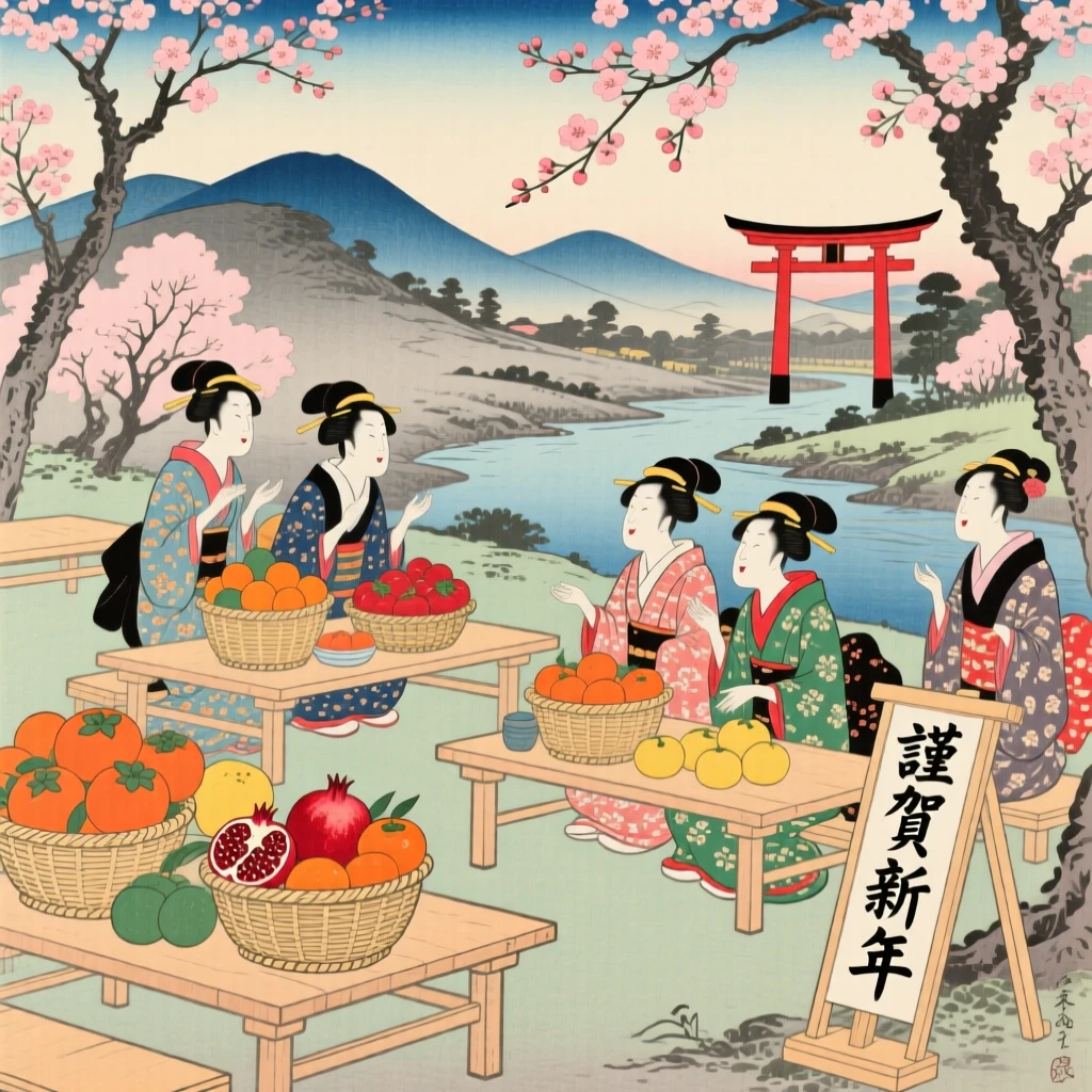 A New Year gathering with baskets of fruit piled high on tables.