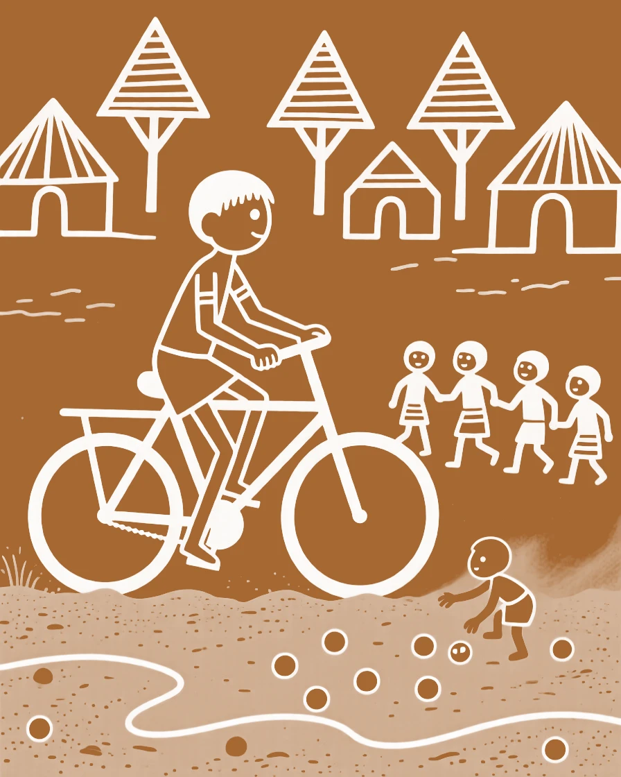 A young boy learning to ride a bicycle playing marbles in the dust.