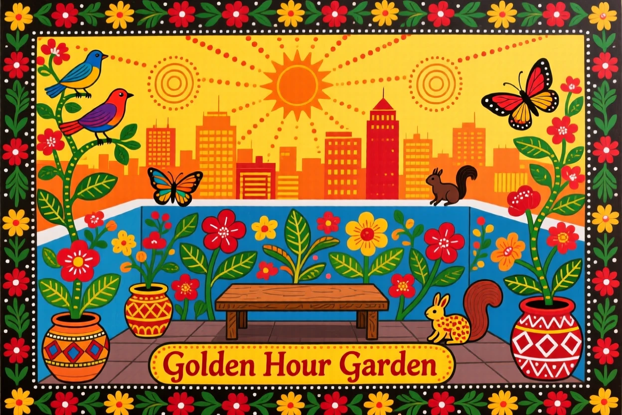 A rooftop garden overlooking a city skyline at golden hour.