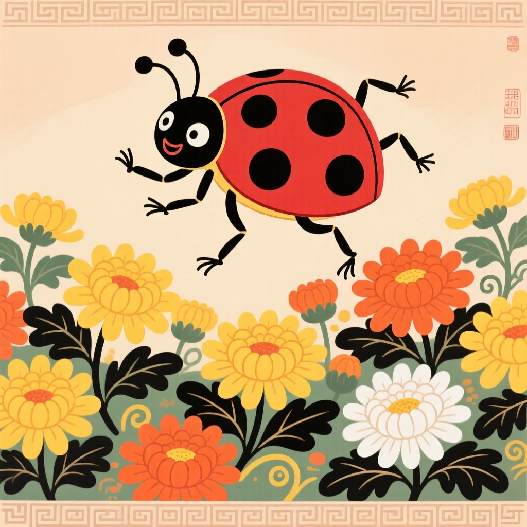 A ladybug dancing above a garden of chrysanthemums.