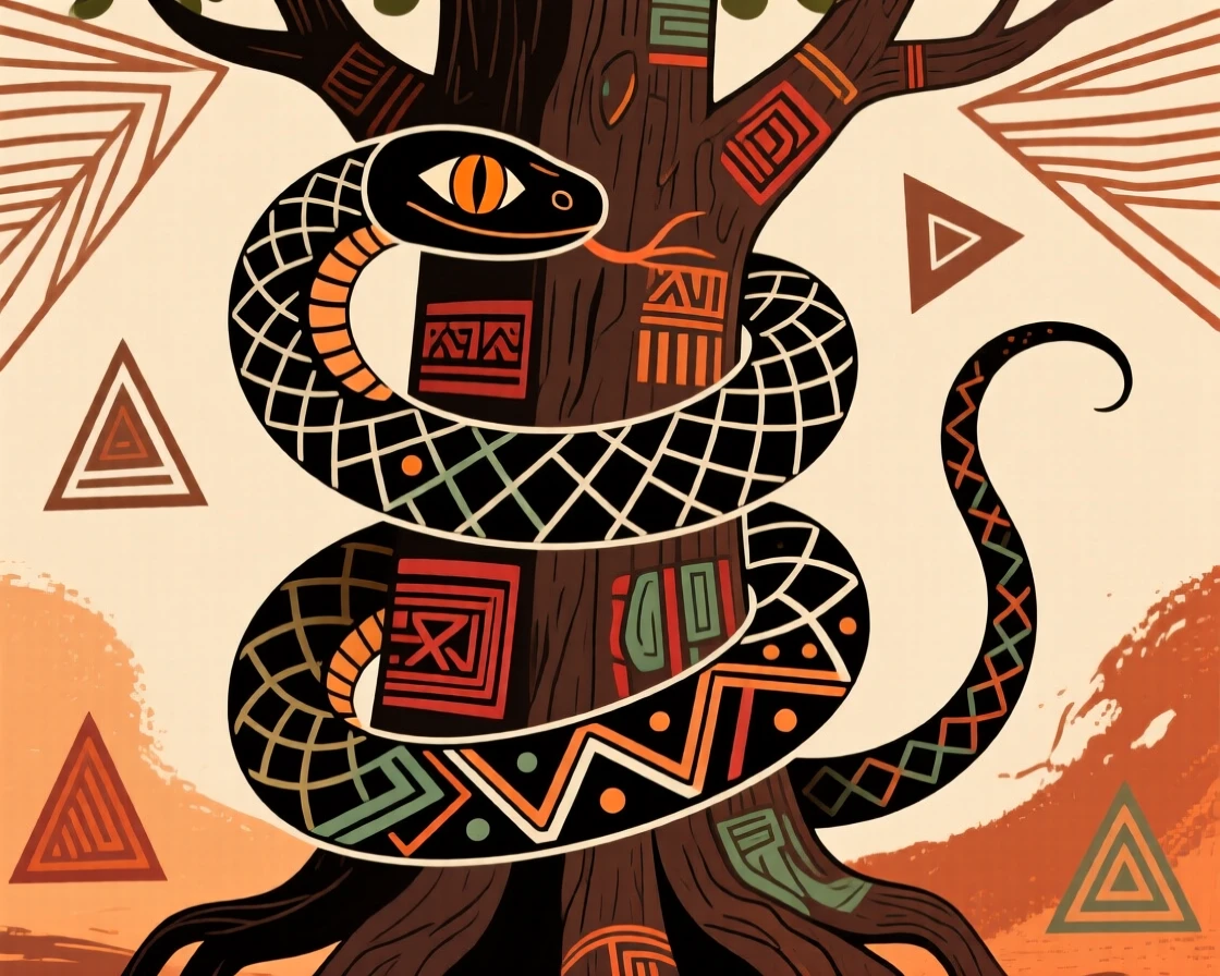 A mythical serpent spirit coiled around an ancient tree.