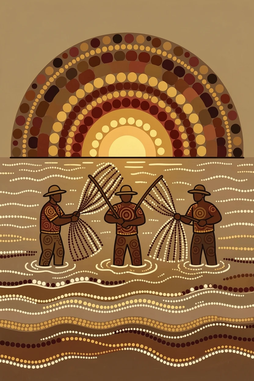 Fishermen casting nets at sunrise at sunrise