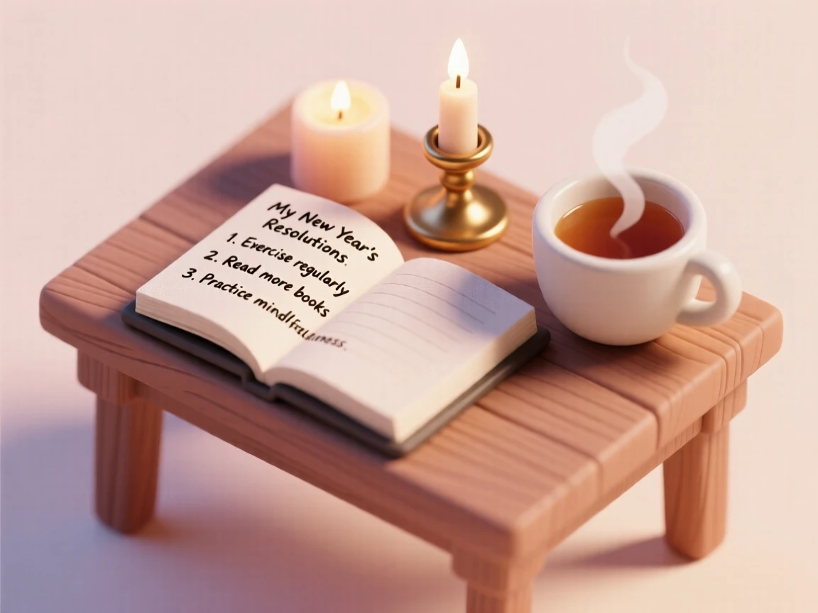 A New Year's resolution planning scene with a journal open by candlelight, a cup of tea steaming nearby.