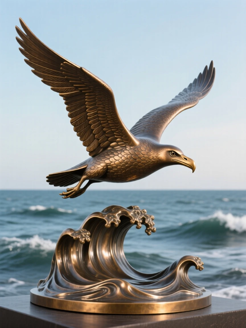 A majestic albatross gliding over endless ocean waves, with fine, lifelike detail in fur and feather, evoking wonder and majesty