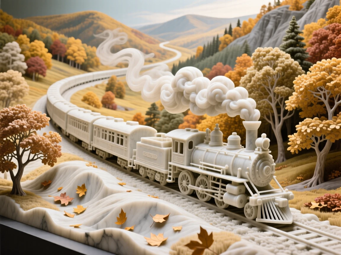An evocative depiction of a train winding through a golden autumn valley, in a moment of quiet stillness, balancing detail with emotional depth