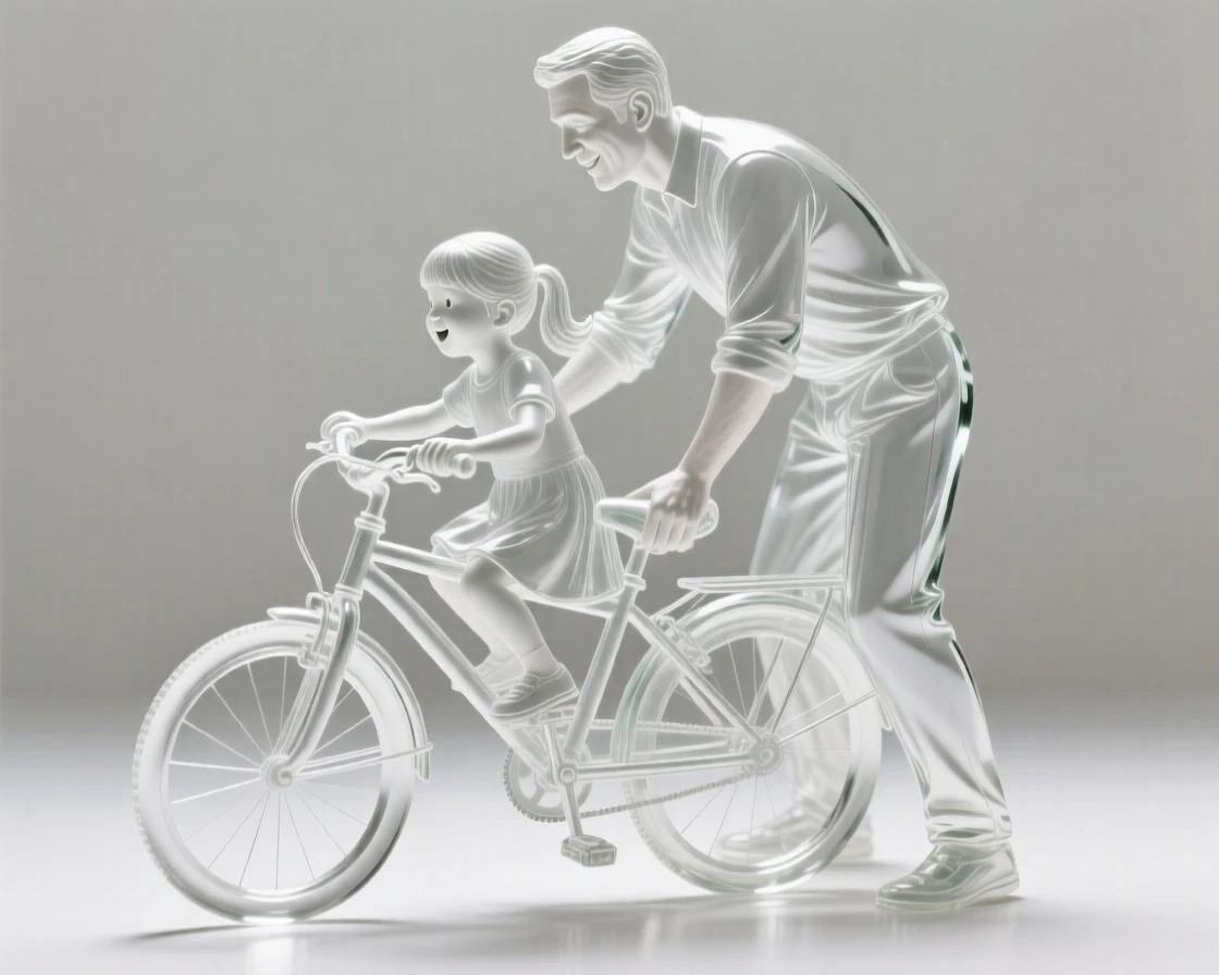 With distant music drifting faintly through the air, a father teaching his daughter to ride a bicycle for the first time