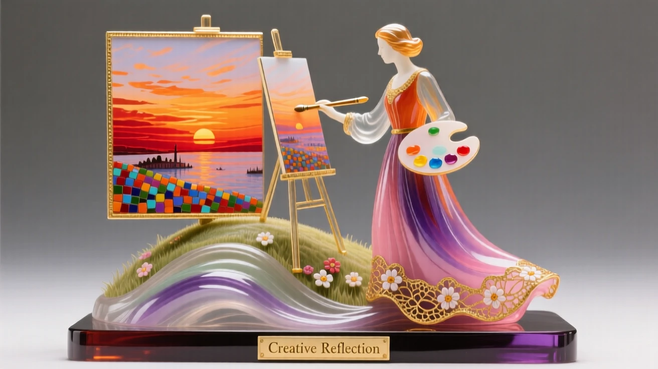 A lone artist painting a sunset landscape from atop a quiet hill, creative and reflective.