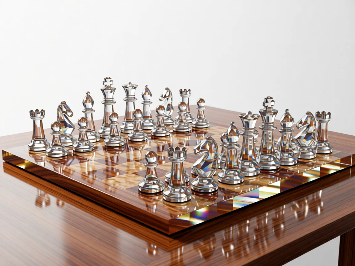A luxury marble chess set mid-game on a polished wooden table.