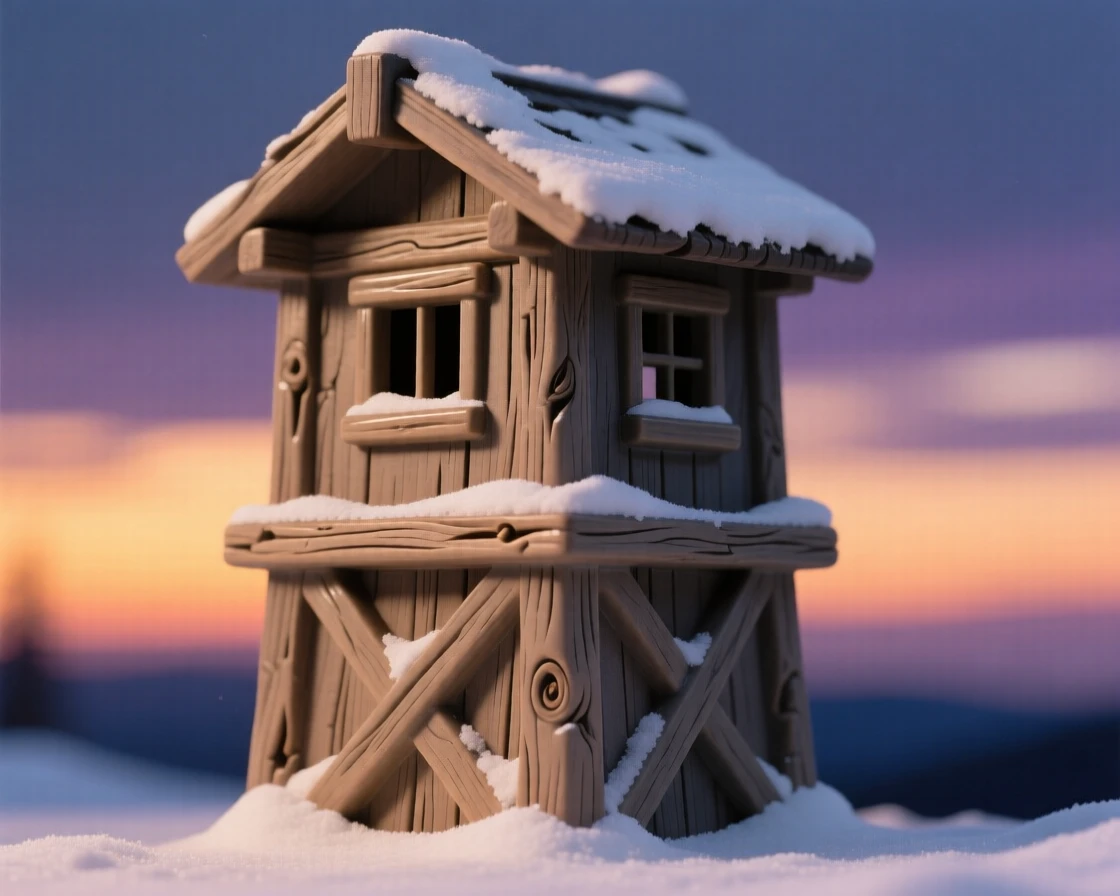 A lone watchtower silhouetted at sunset silhouetted against a fading twilight, dusted lightly with fresh snow, capturing the romance of a bygone era.