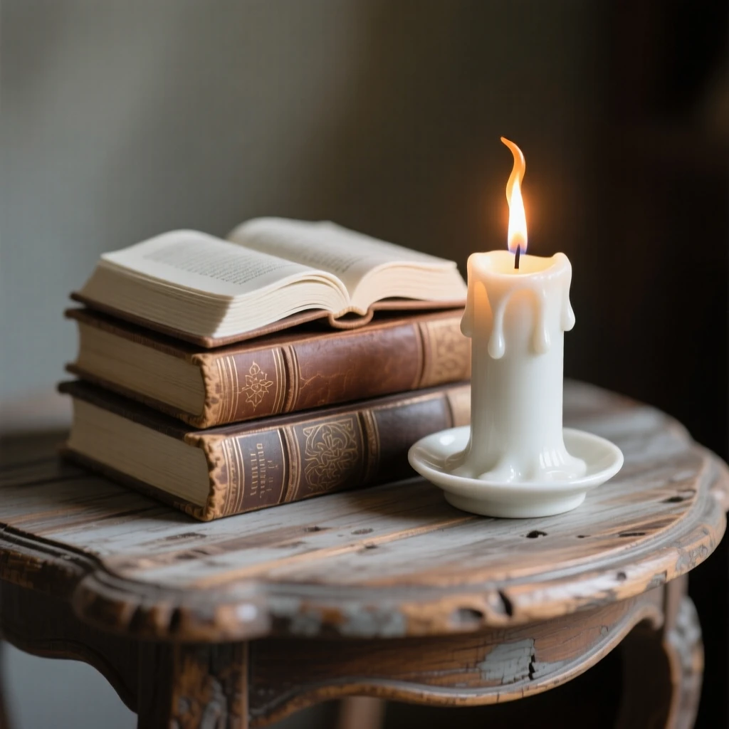 A refined still-life arrangement of antique books and a burning candle on a weathered wooden table, rendered with rich, warm tones.