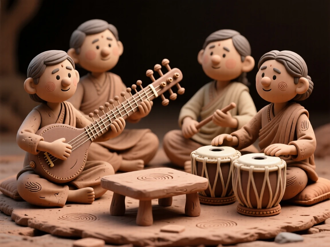 A group of musicians playing traditional sitar and tabla
