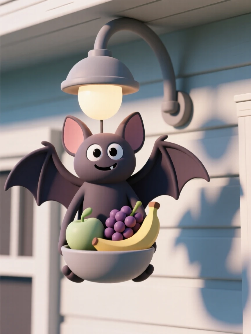 A friendly vampire bat hangs upside down from a porch light, munching contentedly on a bowl of fruit.