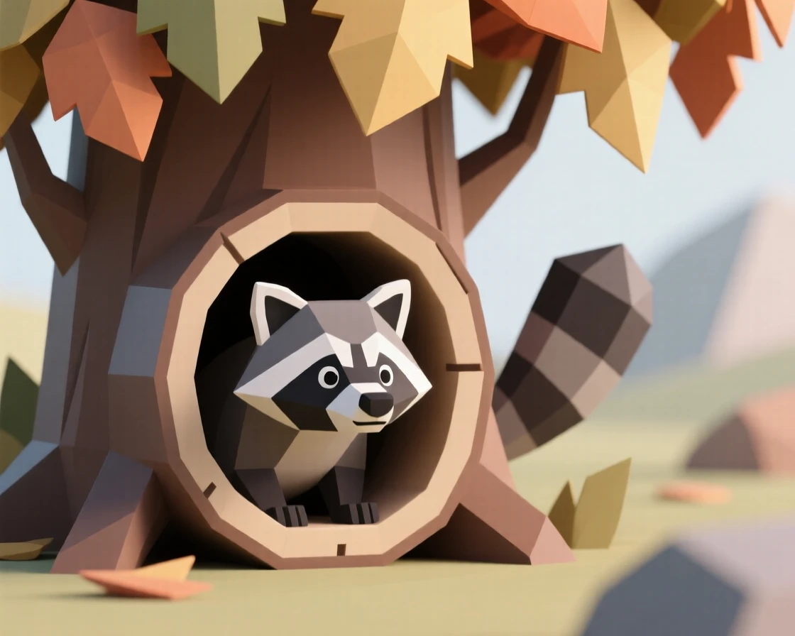A curious raccoon peeking out from a hollow log, under a canopy of autumn color. the background gently blurs to keep focus on the subject. The scene radiates quiet strength.