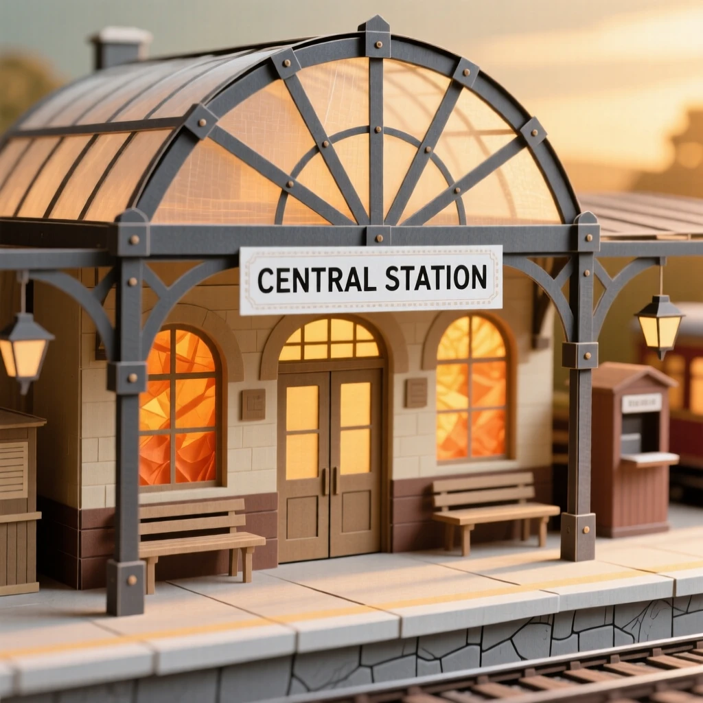 A historic iron-and-glass train station bathed in golden late-afternoon light, with warm interior light spilling outward, capturing a sense of awe and craftsmanship.