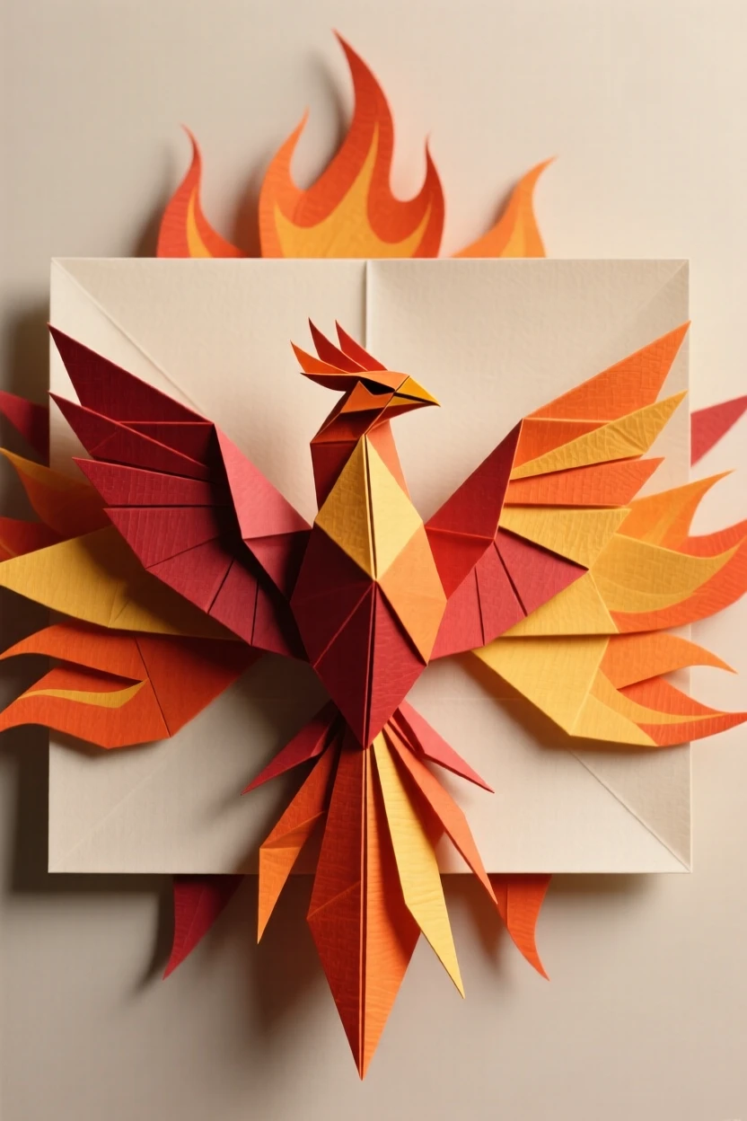 A stylized phoenix and flame motif radiating from a central point in warm tones.