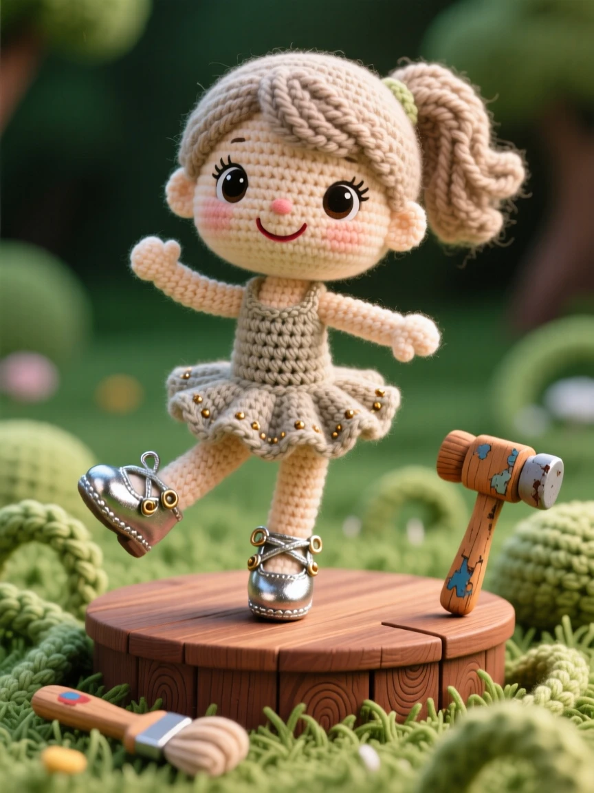 a little girl practicing tap dance, with shiny shoes and a bright smile, mid-step on a small wooden stage, in a grassy field perfect for outdoor play, with a favorite well-worn tool resting close by, radiating cheerful curiosity and hands-on delight.