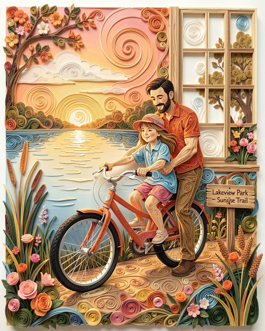 A heartwarming moment of a father teaching his daughter to ride a bicycle beside a calm lake at sunrise, in a warm, nostalgic color palette, framed with soft natural light streaming through a window.