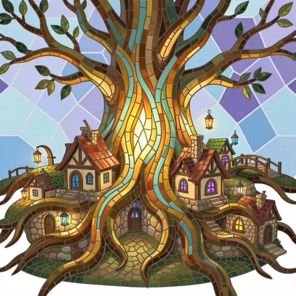A fairy village built into the roots of an ancient glowing tree.