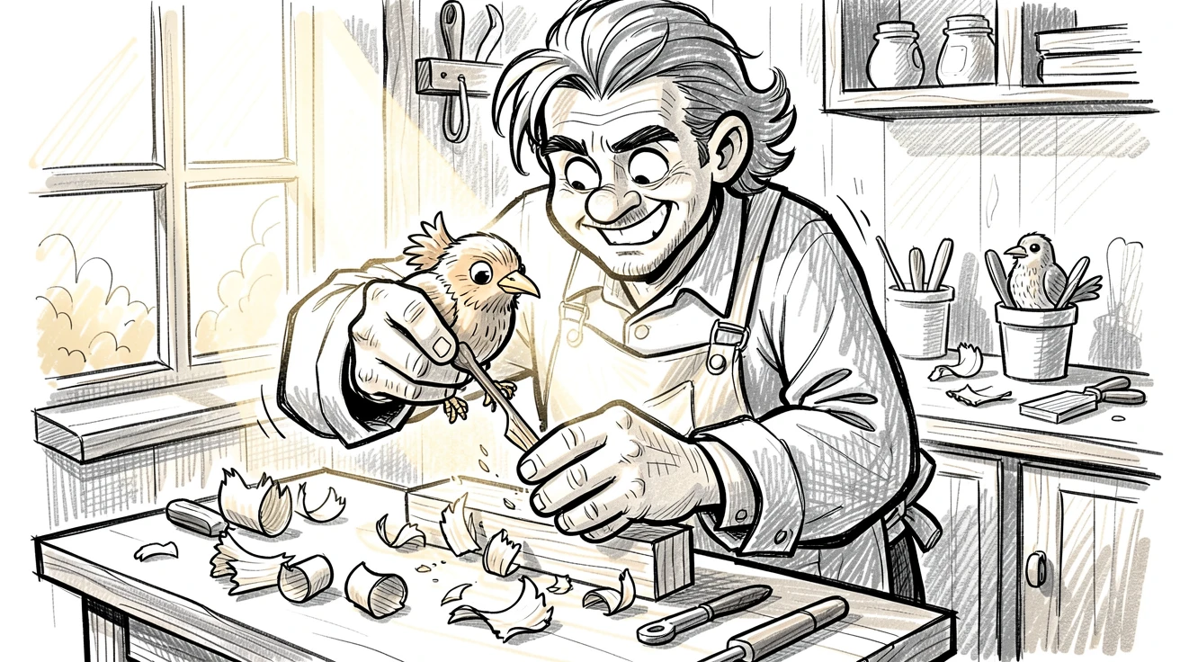 A woodworker carving a small wooden bird in a cozy sunlit studio.
