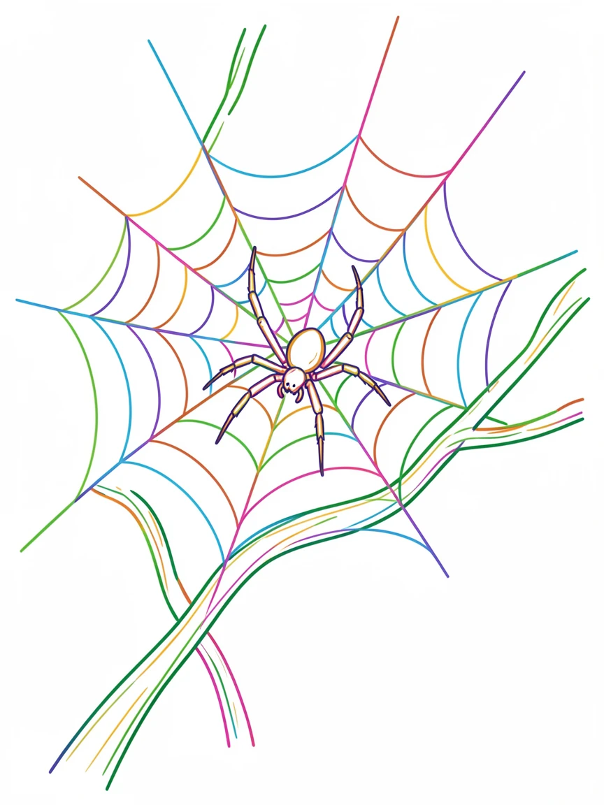 A close-up of a spider spinning an intricate web between two branches.