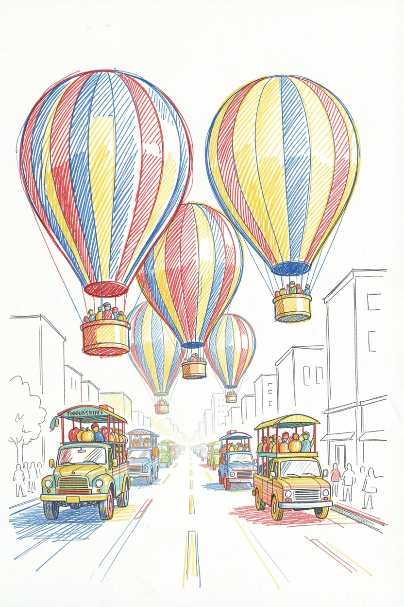 A festive Thanksgiving parade with giant balloon floats down a city street