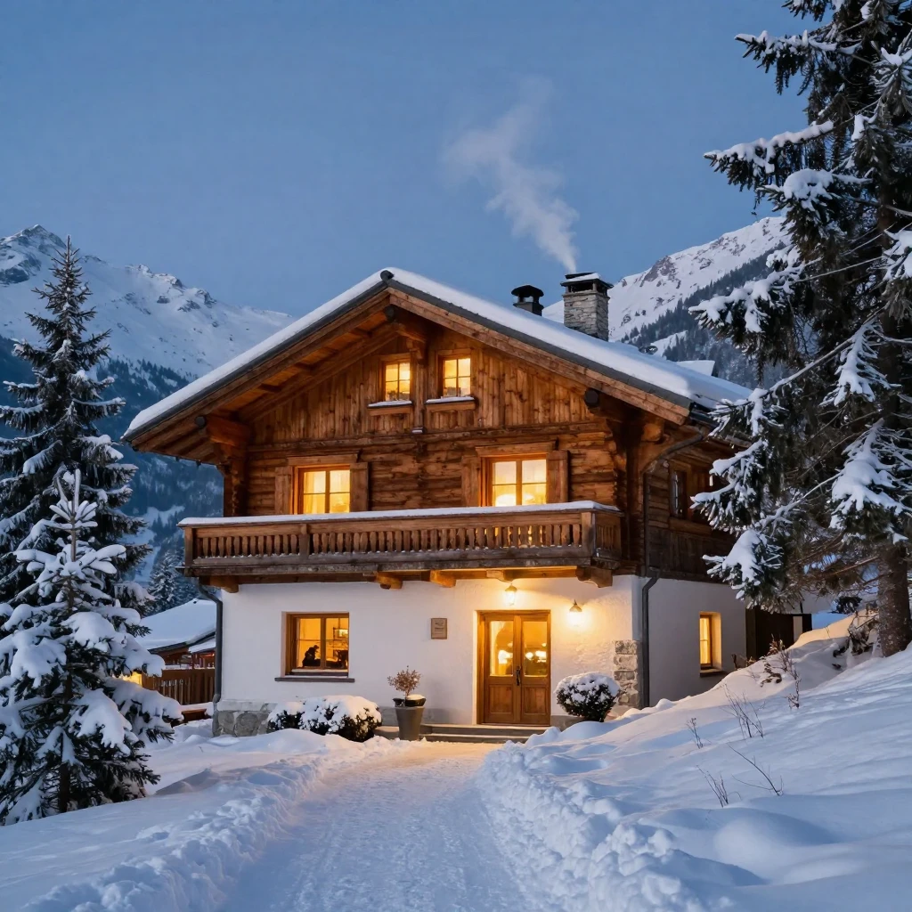 An Austrian ski chalet glowing warmly in the snow