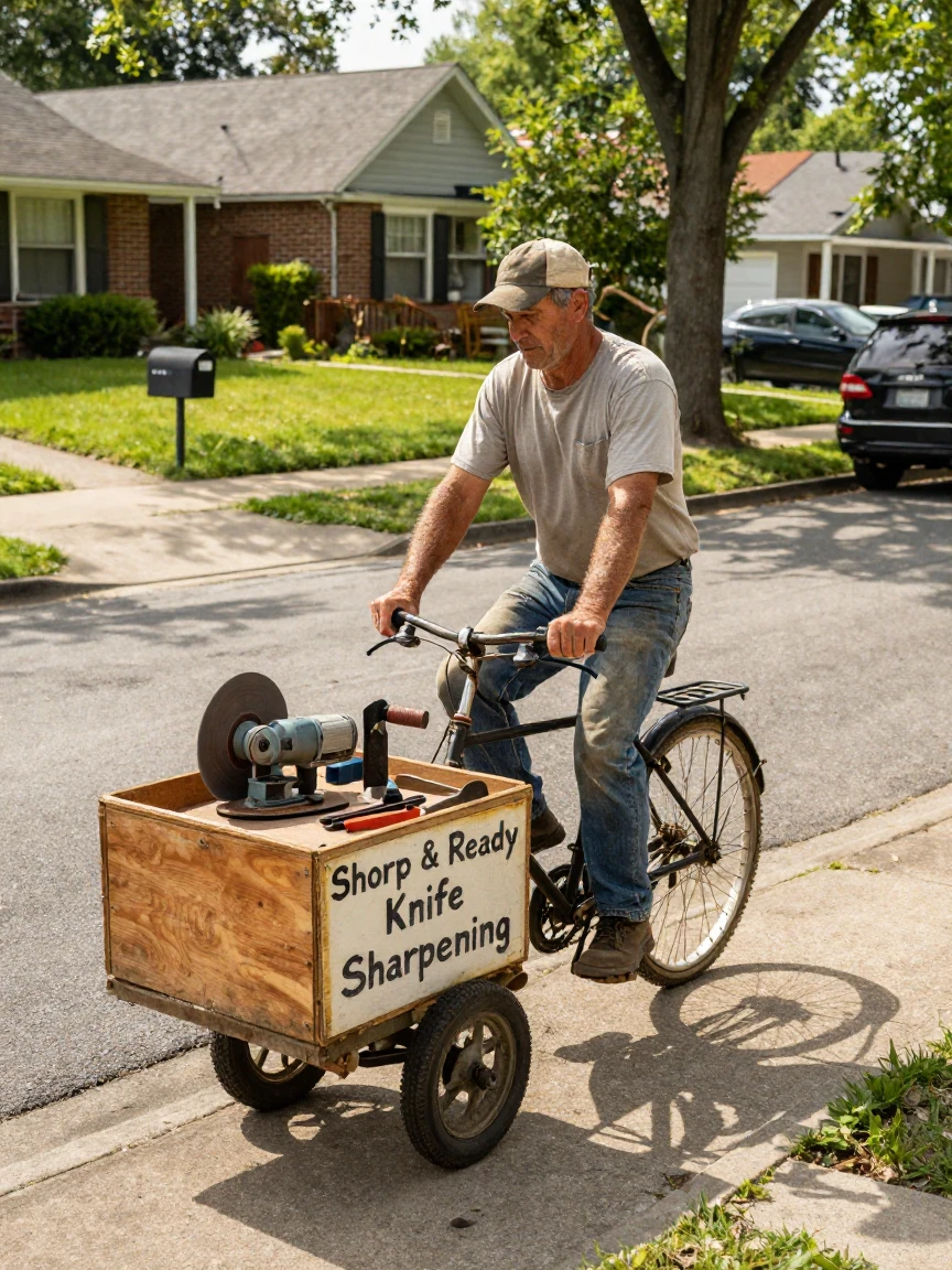 A knife sharpener pedals a mobile grinding cart through a residential neighborhood.