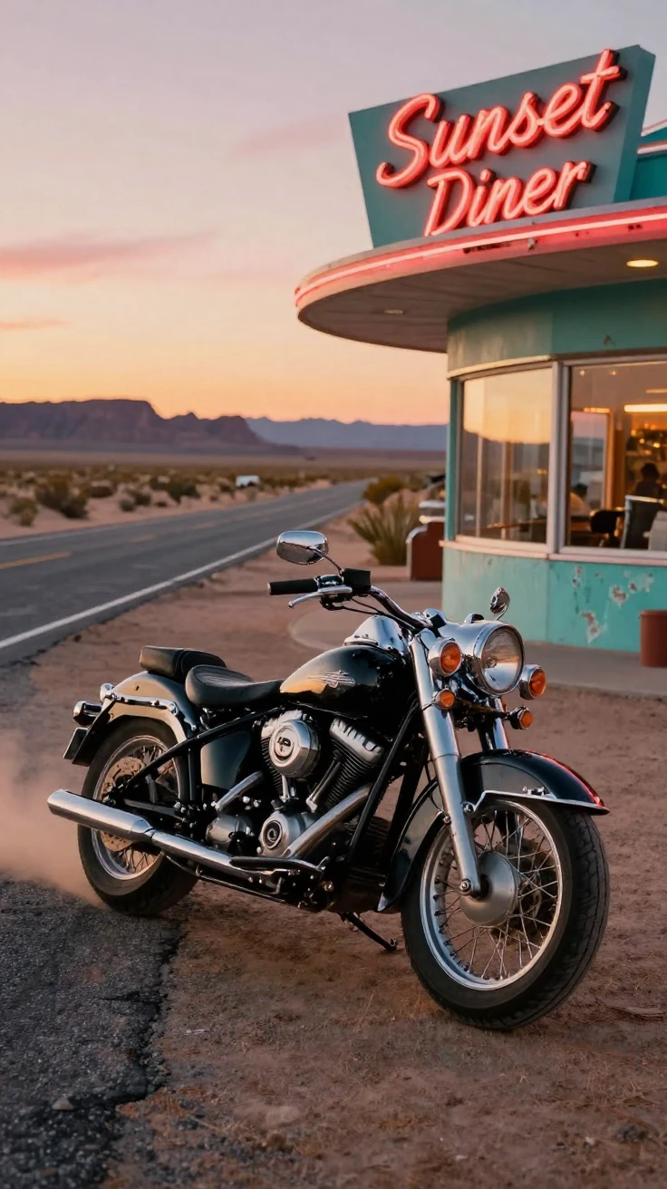A classic motorcycle parked outside a roadside diner on a desert highway