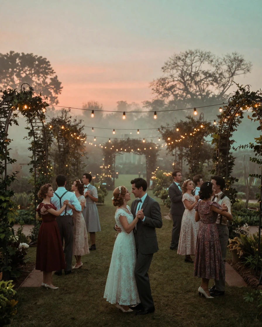 A wedding party dancing beneath strings of warm lights in a garden, in the last light of dusk, in thick rolling fog, in the depths of winter, in vivid coral and turquoise hues, framed symmetrically down a long corridor.