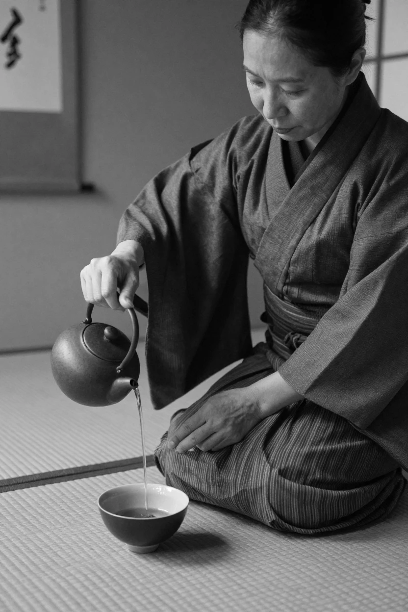 A traditional tea master pours tea in a slow, precise ritual in a quiet tatami-floored room.