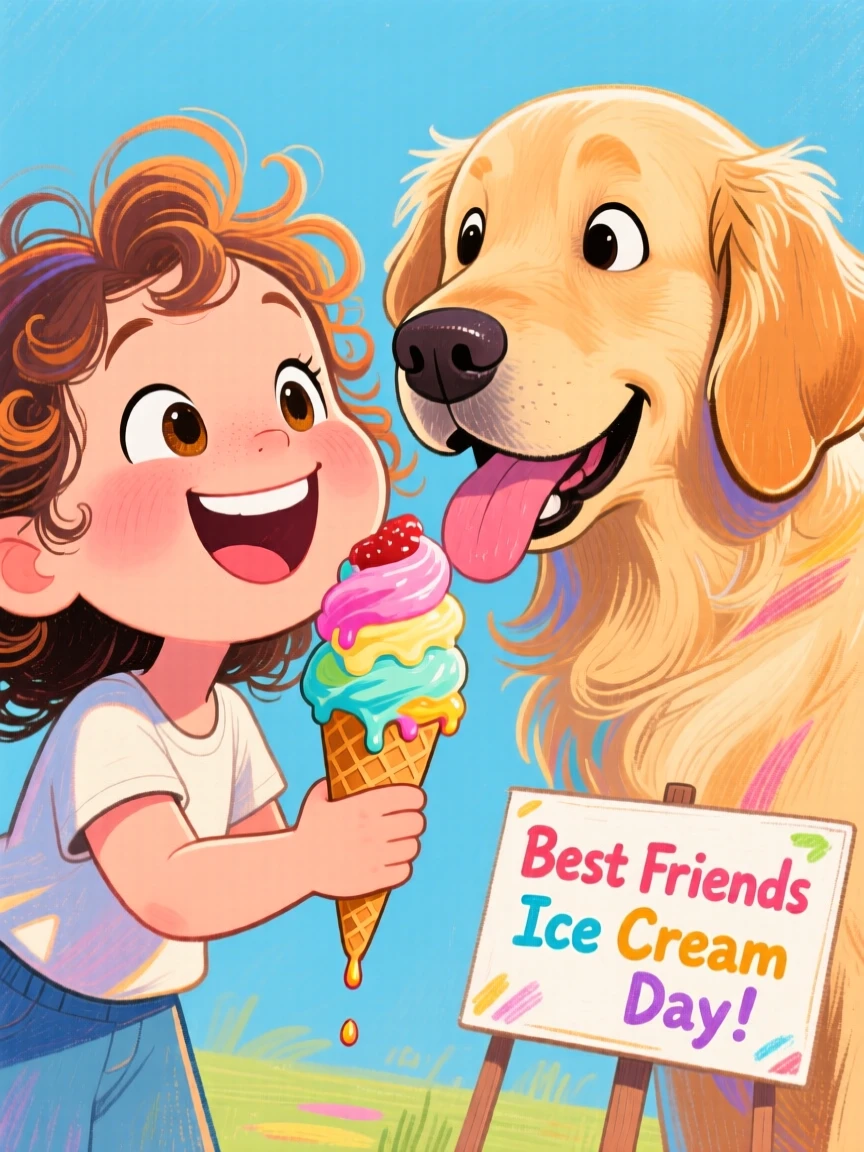 A little girl sharing an ice cream cone with her loyal golden retriever.