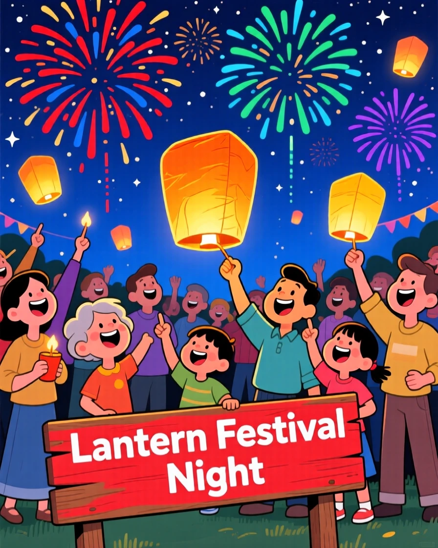 A festive celebration scene of a lively crowd releasing paper lanterns into a starry night sky, under a sky full of fireworks.