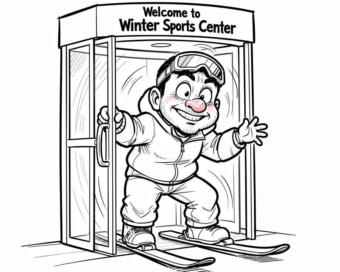 [Funny & Exaggerated Situations] Comical scene of an overconfident first-time skier getting stuck in a revolving door, exaggerated for maximum laughs