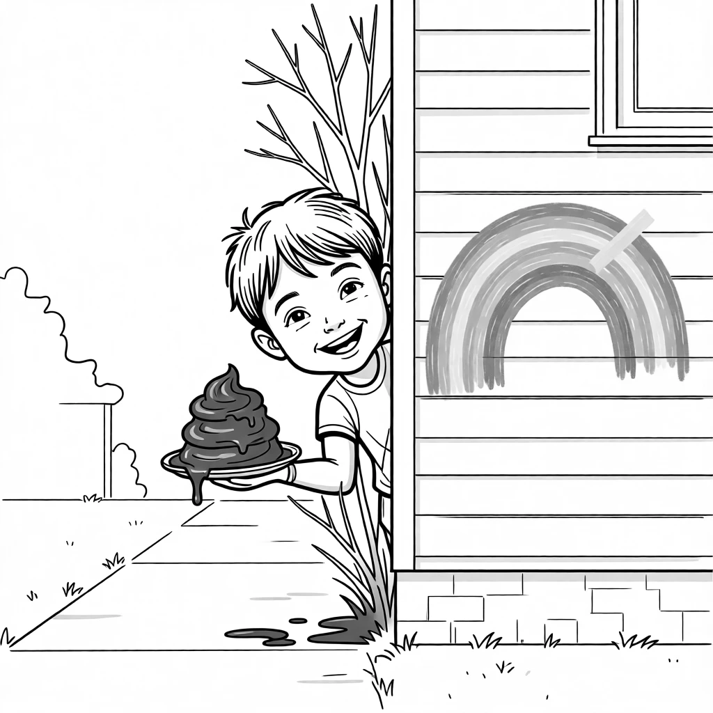A kid proudly displaying a mud pie masterpiece, poking out from behind branches far too thin to hide anyone, set on a sidewalk in front of the house. A crayon rainbow is taped crookedly to the wall. The scene captures the wild imagination only kids have.