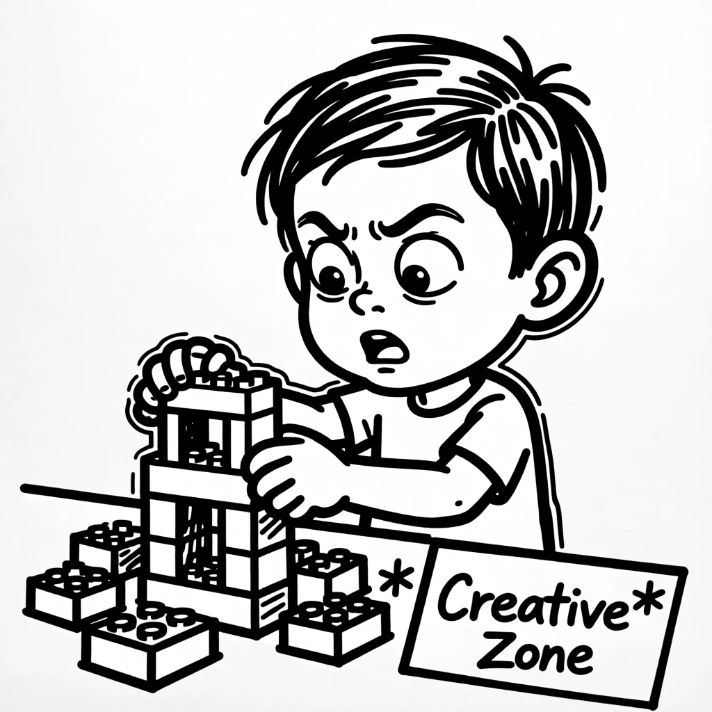 A child building an elaborate structure out of LEGO bricks, pure focus on their face.