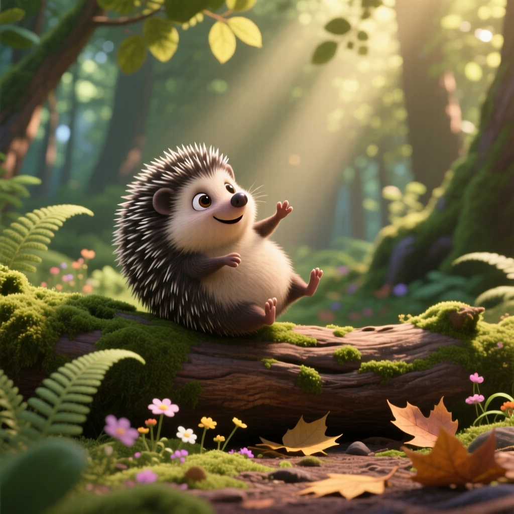 A tiny hedgehog is perched on a mossy log in a quiet forest, rolling gently onto its back. A quiet, comforting sweetness surrounds the scene, with a faint smile-like expression.