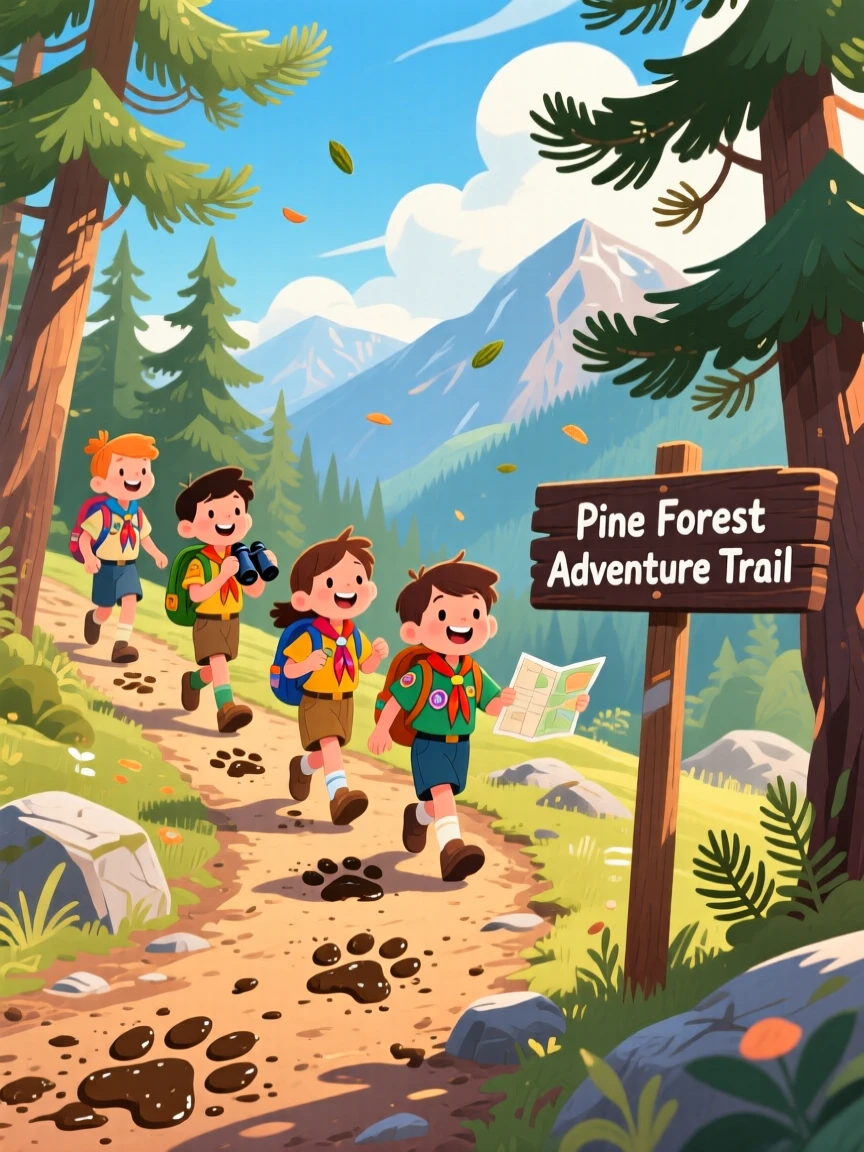 An adventurous scout troop spends the day following a trail of paw prints in the mud through a rocky mountain trail, with the scent of pine drifting on the wind.