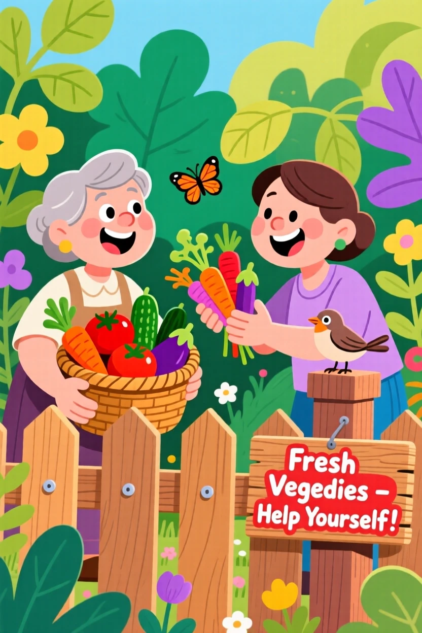 Neighbors sharing extra vegetables from their gardens over a fence.