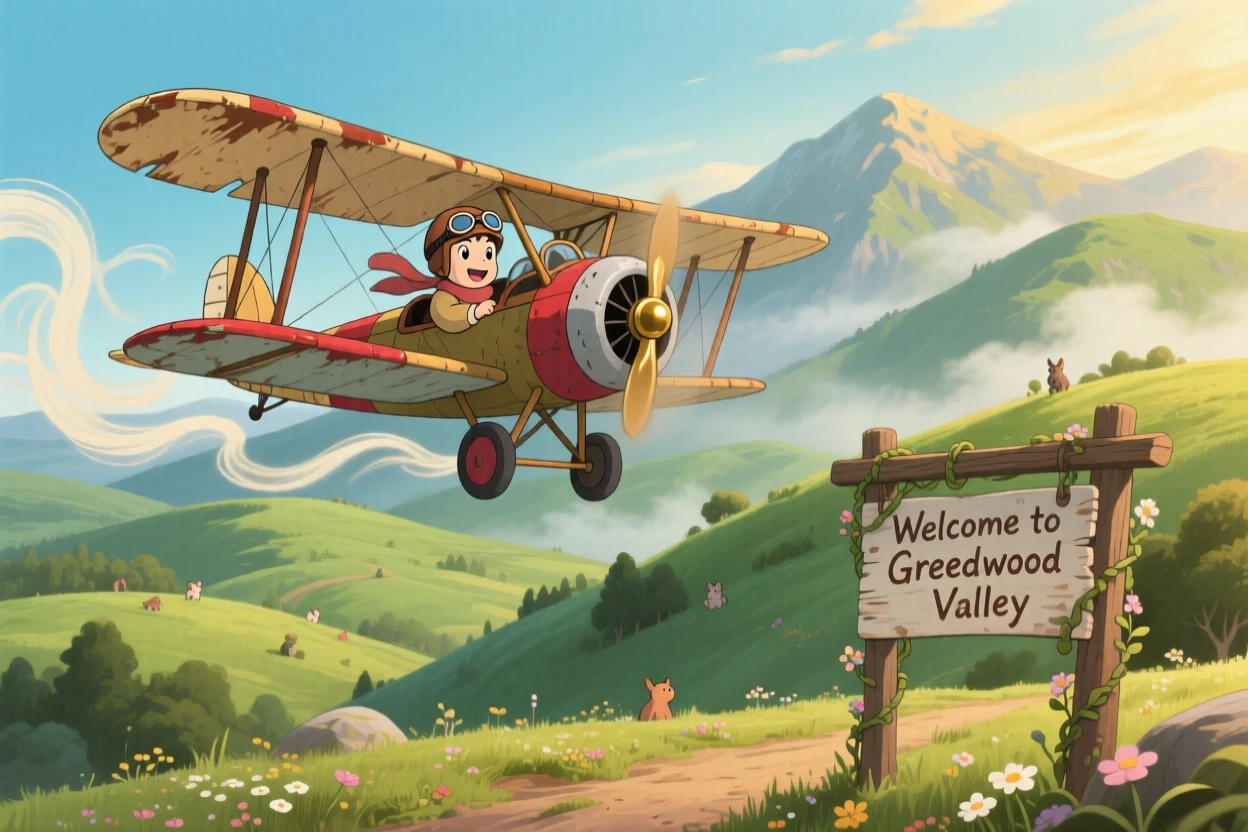 A charming scene of an old biplane soaring above rolling green hills, framed by distant mountains.