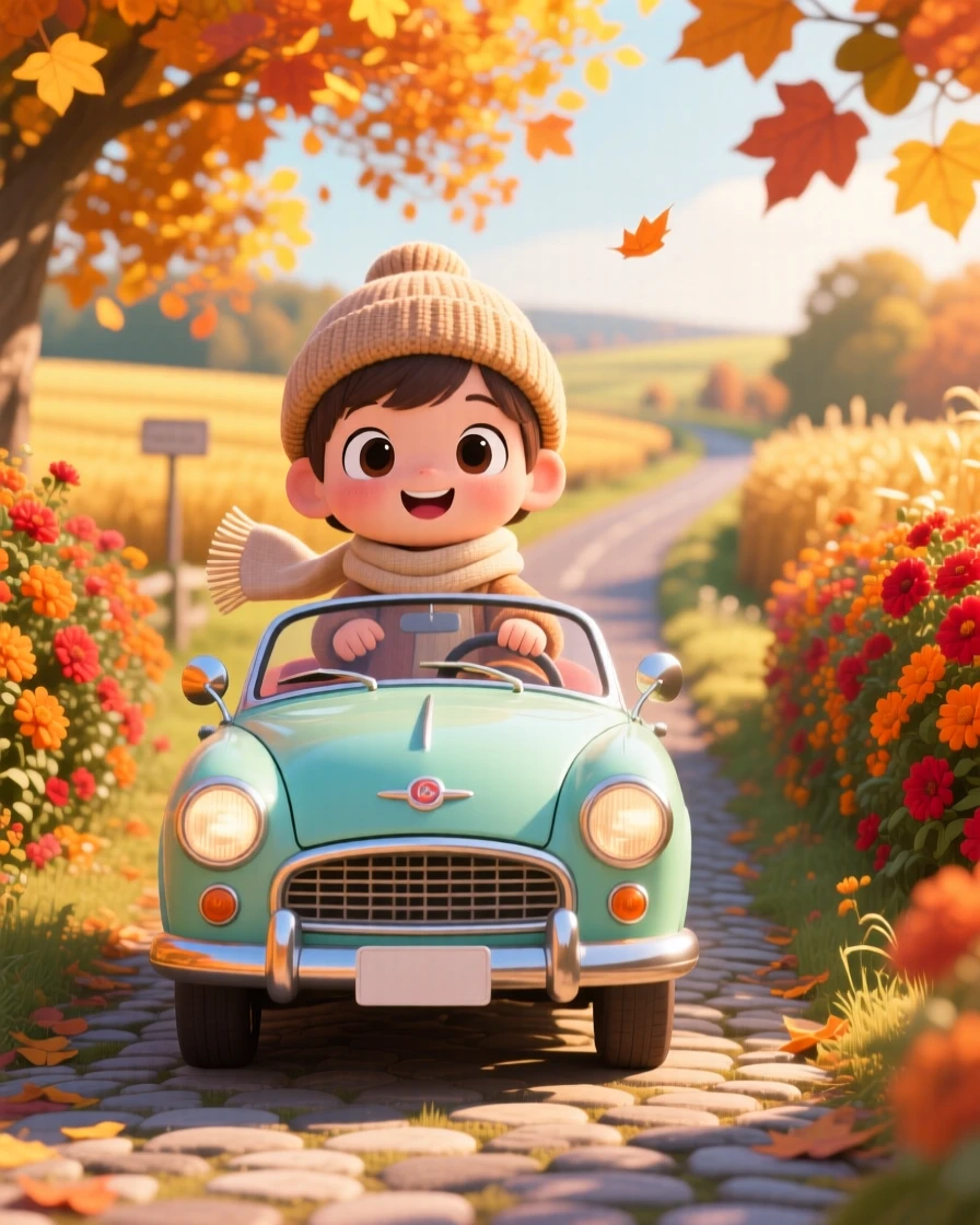 A child riding in a vintage car through a flower-lined lane, framed as a waist-up portrait within a charming countryside road, during golden autumn harvest season, glowing under dappled sunlight through a canopy, evoking curious excitement.