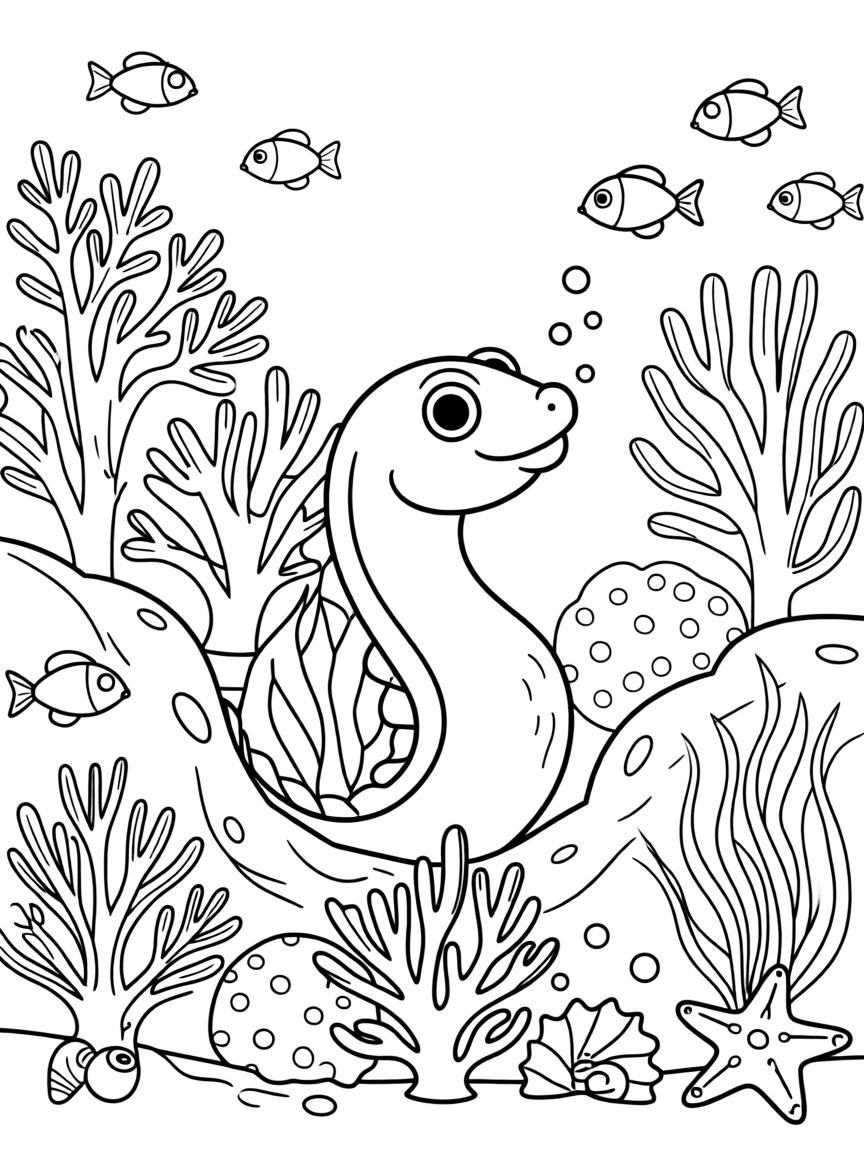 A colorful reef scene with an eel peeking from its hiding spot