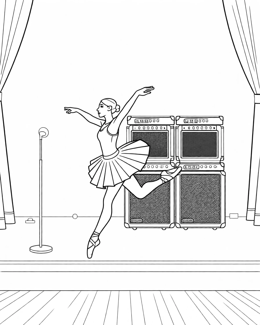 A ballet dancer mid-leap on an empty stage, with amplifiers stacked in the background.