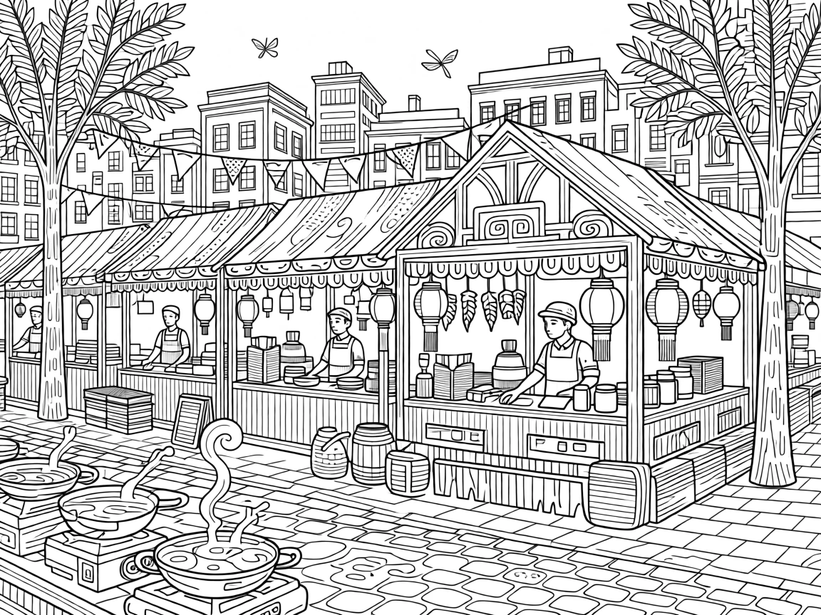 A street food night market scene with glowing stalls and steaming woks.
