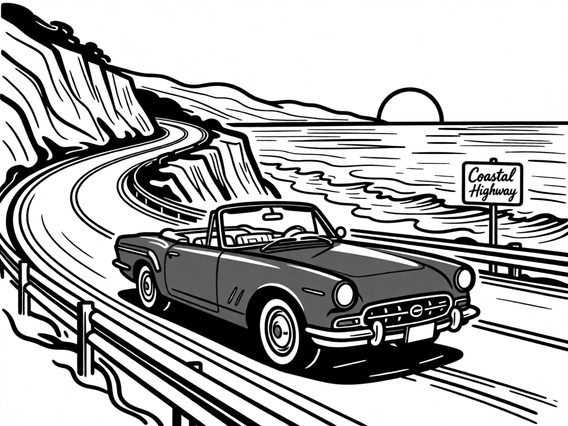 A vintage red convertible parked along a scenic coastal highway at sunset.